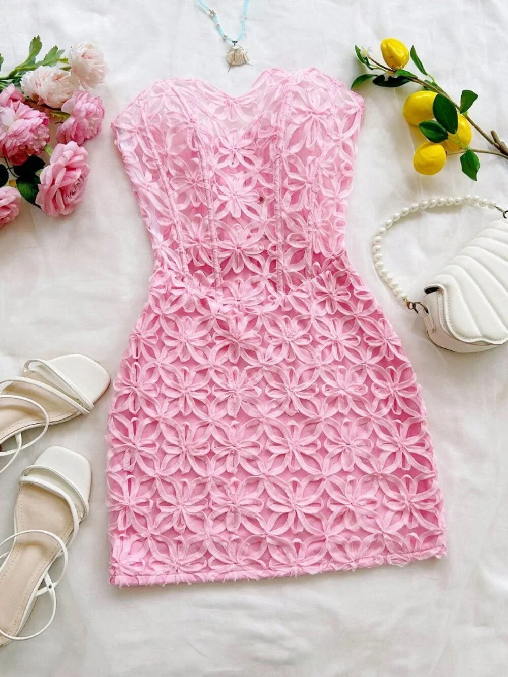 Pink Sexy Women's Backless Lace Tie-Up Mini Dress - Picture 3 of 7